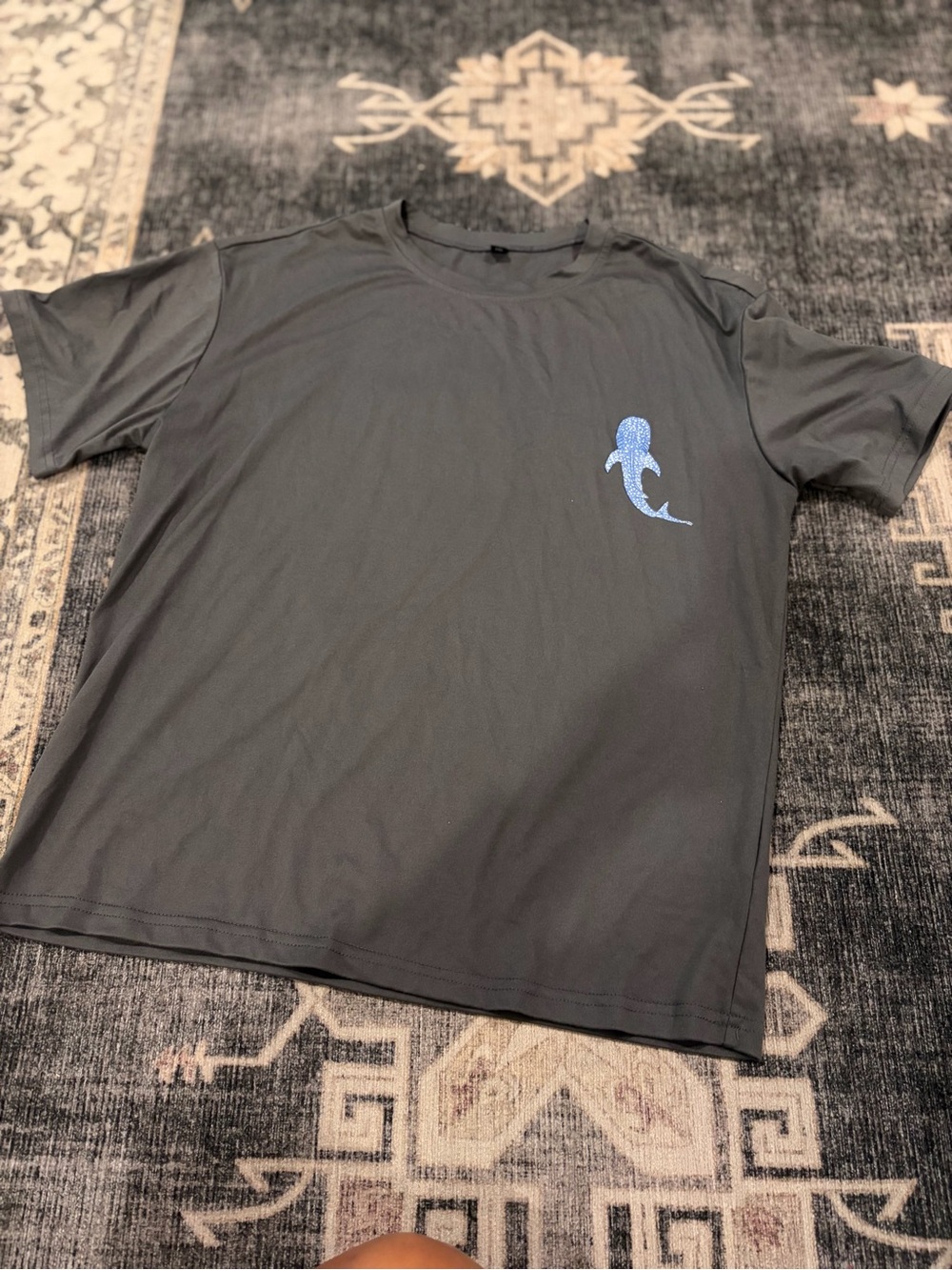 Girls size 12Y Short Sleeve Christian Tee - Charcoal with Blue Shark Motif